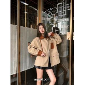 Loeweカスタムアルファベットロゴポケットスエードパッチワークゆったりカジュアルコート