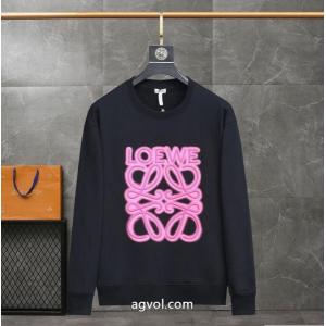 loeweクラシックピンク蛍光刺繍丸首パーカー